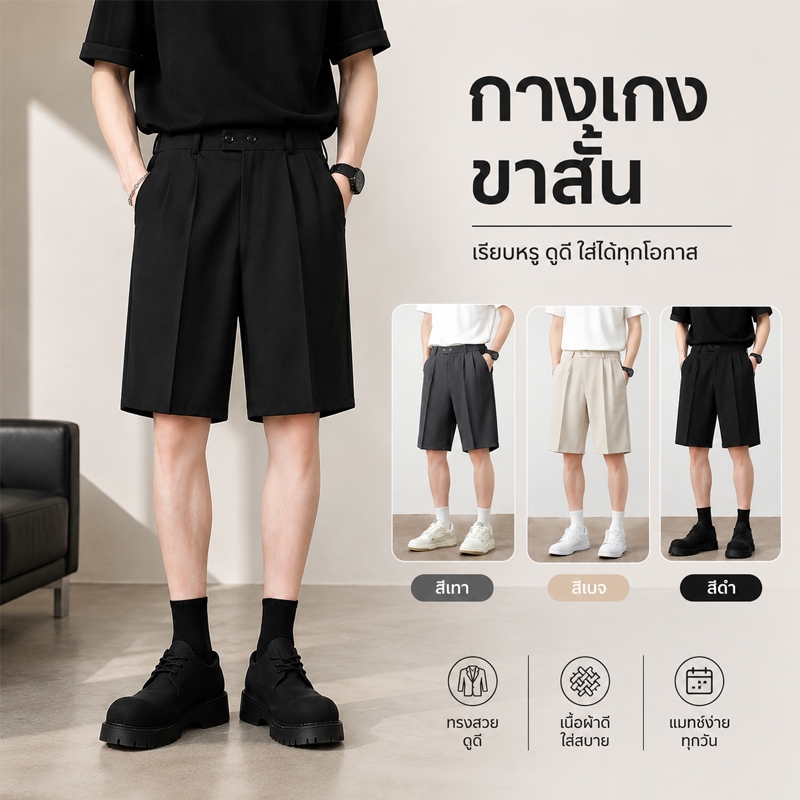 กางเกงขาสั้นผู้ชาย กางเกงสูท กางเกง สไตล์เกาหลี ทรงหลวม ผ้าที่สวมใส่สบาย เหมาะสำหรับสวมใส่ในฤดูร้อน