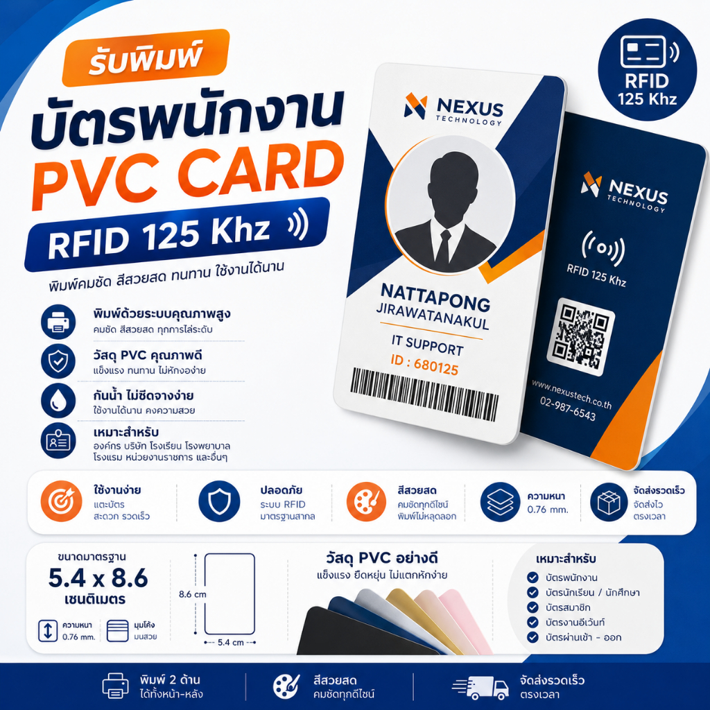 รับพิมพ์บัตรคีย์การ์ด PVC สแกนเข้างานและเปิดประตู (RFID 125Khz)