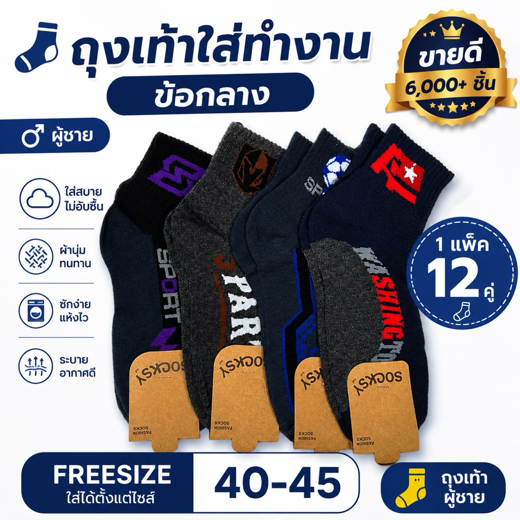 ถุงเท้าใส่ทำงาน ผู้ชาย ข้อกลาง Freesize 40-45 1แพ็ค12คู่ ผ้านุ่ม ระบายอากาศดี ขายดี 6,000+ ชิ้น