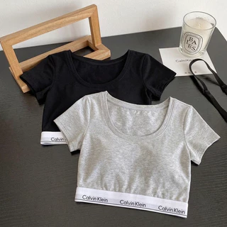 Calvin Klein CK Modern Cotton T-Shirt Bralette สปอร์ตบราสำหรับผู้หญิง ผ้าฝ้ายแท้ ไร้โครงเหล็ก เสื้อยืดแขนสั้น QF8066AD