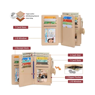กระเป๋าสตางค์ผู้หญิง RFID กระเป๋าใส่บัตร ลายดอกไม้ หนัง PU แบบพับสองตอน มีซิปใส่เหรียญ ขนาดกลาง