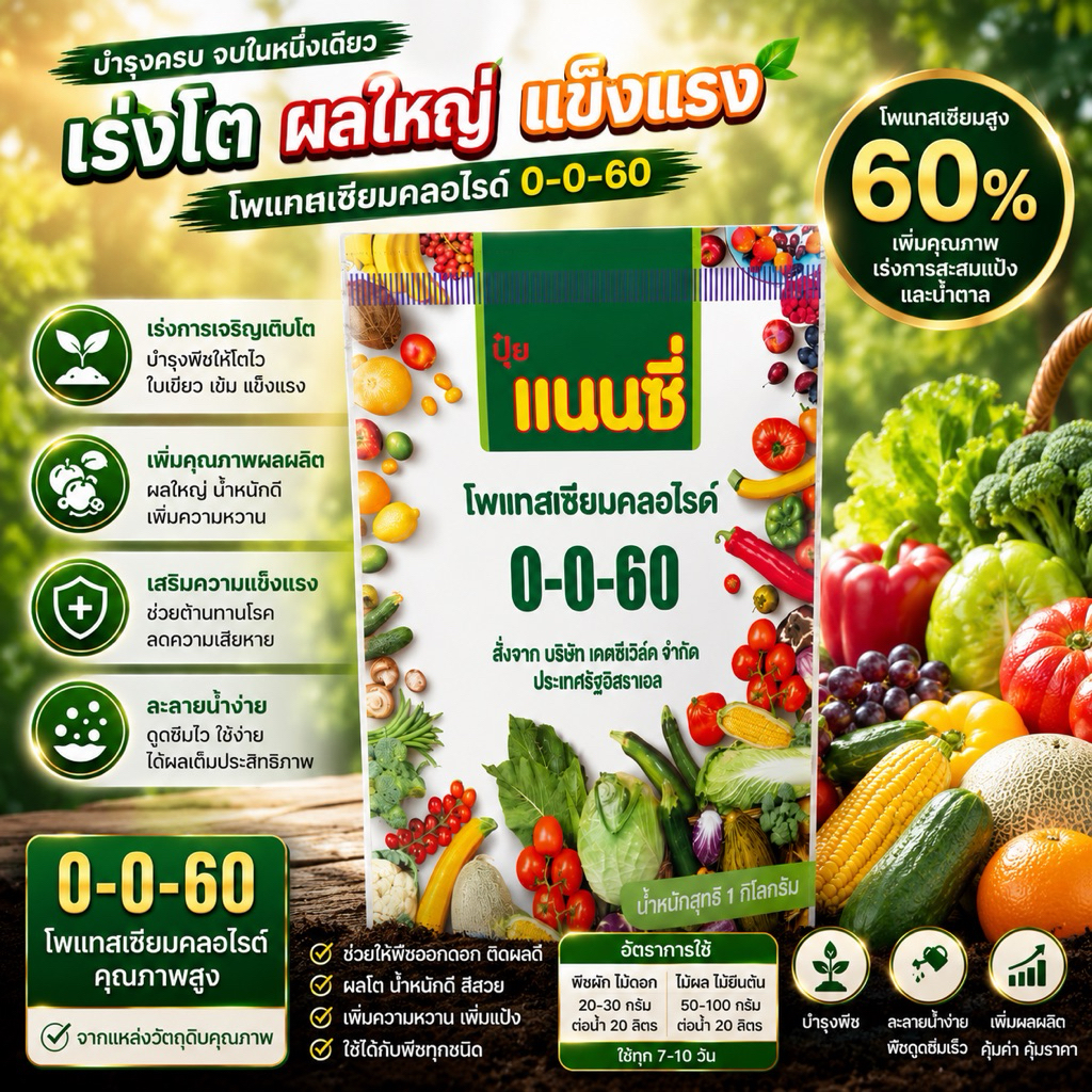 สูตร 0-0-60 1 กิโลกรัม ปุ๋ยเกล็ด แนนซี่ ละลายน้ำ 100%