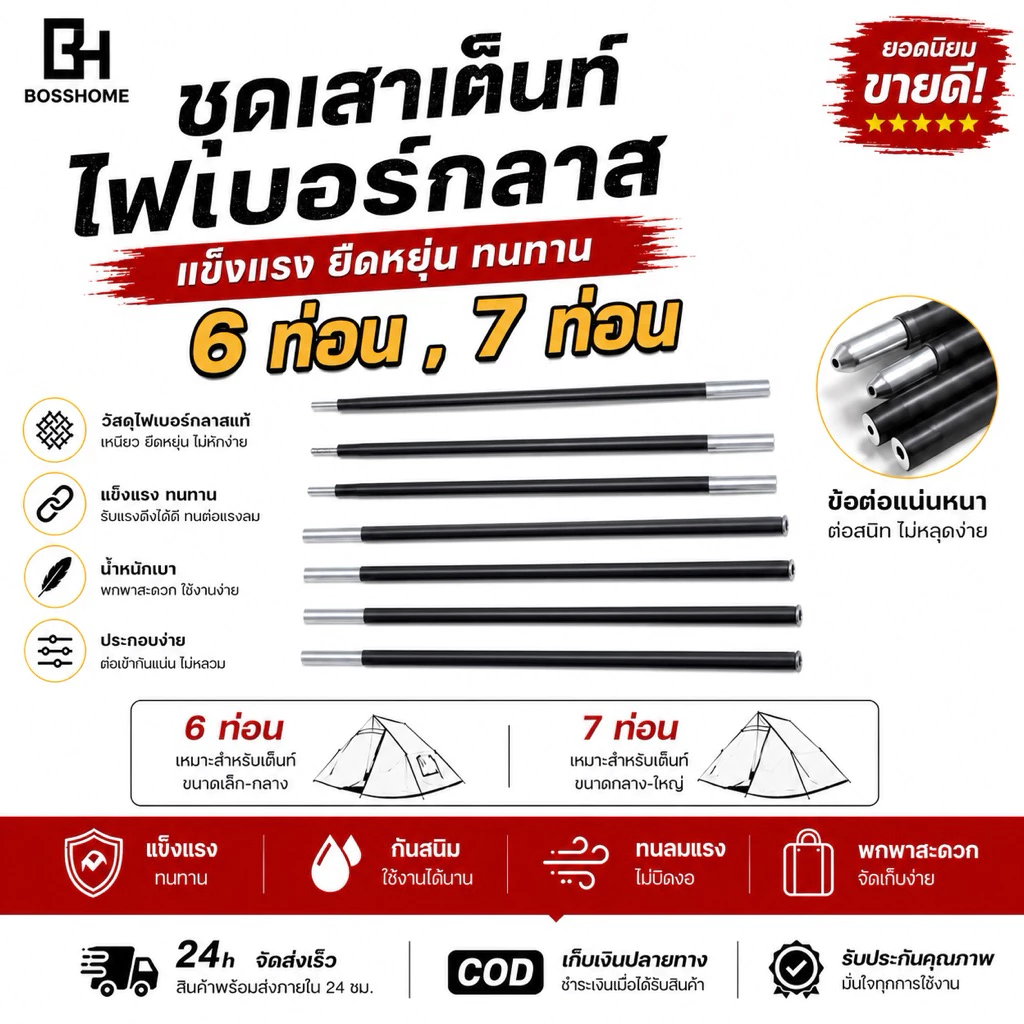 ชุดเสาเต็นท์ ไฟเบอร์กลาส มี 2 ขนาด 6 ท่อน,7 ท่อน เสา 2 เส้น