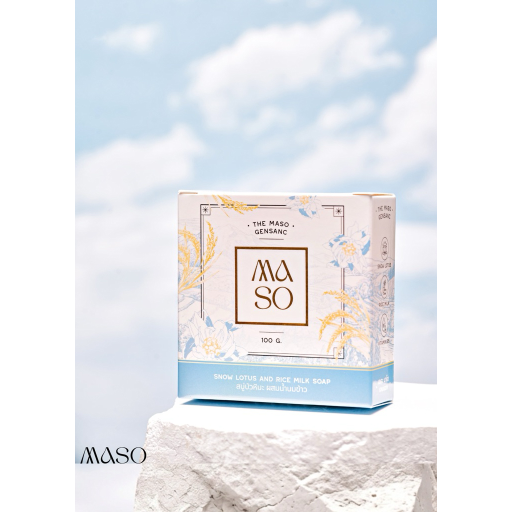 MASO สบู่บัวหิมะ ผสมน้ำนมข้าว พร้อมด้วยวิตามินบี5 เพื่อผิวกระจ่างใสนุ่มนวลชุ่มฉ่ำอิ่มน้ำ