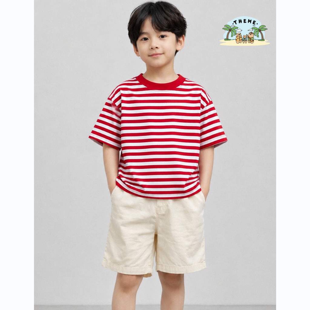 เสื้อเด็กคอกลม-ทรงโอเวอร์ไซส์ทางแดง-ขาวเล็ก