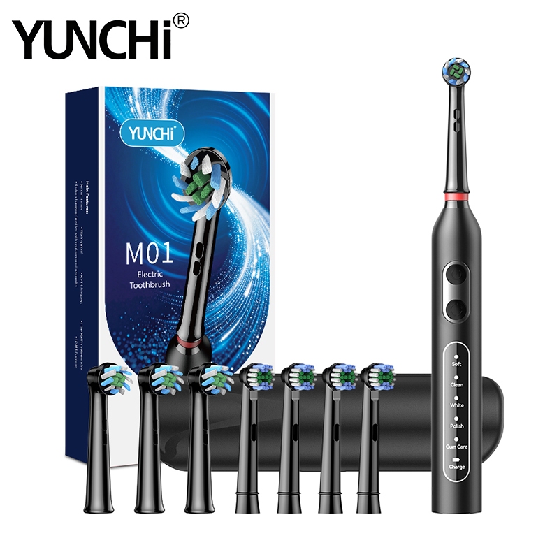แปรงสีฟันไฟฟ้า YUNCHI M01 พร้อมกล่องพกพา 1 กล่อง หัวแปรงแบบนุ่มมาตรฐาน 4 หัว และหัวแปรงแบบไขว้หมุนได้ 4 หัว