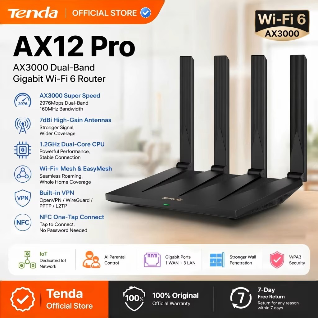 Tenda (AX12 Pro) AX3000 Dual-Band Gigabit Wireless Router