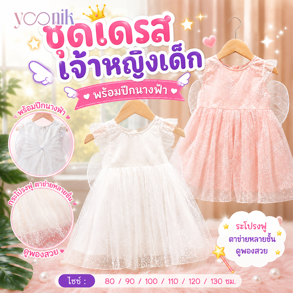 ชุดเดรสเจ้าหญิงเด็ก พร้อมปีกนางฟ้า สไตล์เทพนิยาย ผ้านุ่ม ใส่สบาย สำหรับงานปาร์ตี้
