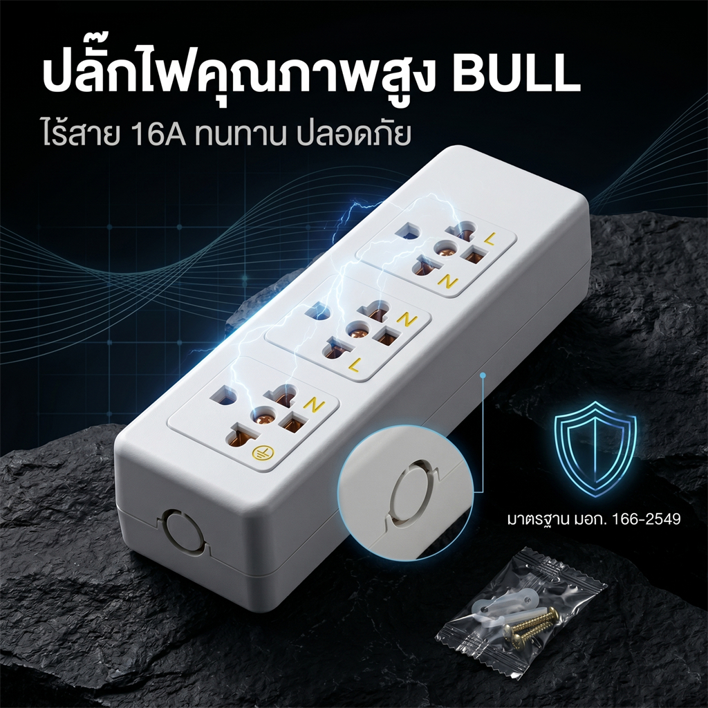 GONEO รางปลั๊กไฟ 3 ช่อง ตกไม่แตก แข็งแรง ทนทาน วัสดุทองเหลือง ของแท้  MAX 3680W (ไม่มีสายไฟ)
