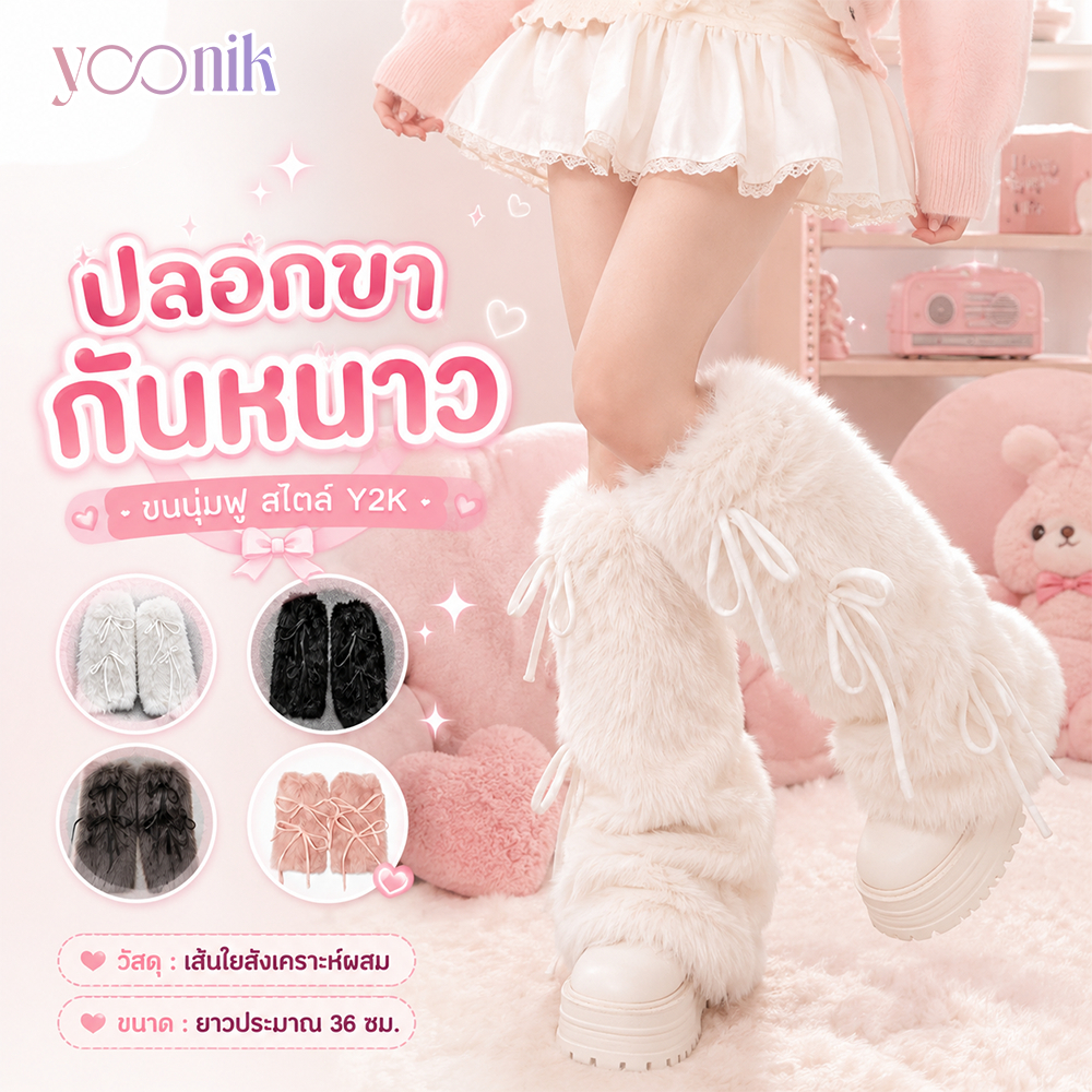 ปลอกขากันหนาวขนฟู สไตล์ Y2K พร้อมสายผูกโบว์สุดคิวท์ ขนนุ่มฟู  สวมใส่ง่าย