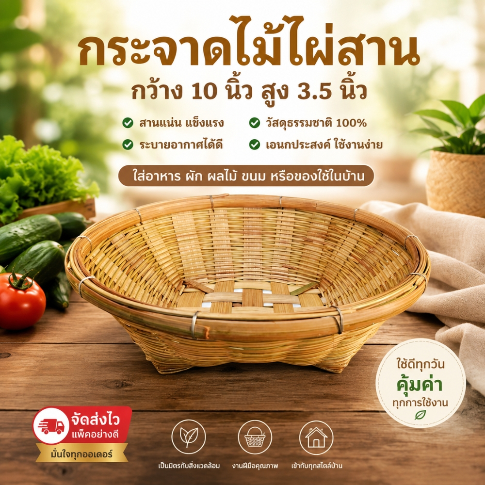 กระจาด 10 นิ้ว กระจาดไม้ไผ่ กระจาดสาน กระจาดสานไม้ไผ่ กระจาดใส่ของ กระจาดใส่ผลไม้ (กระจาด10นิ้ว)
