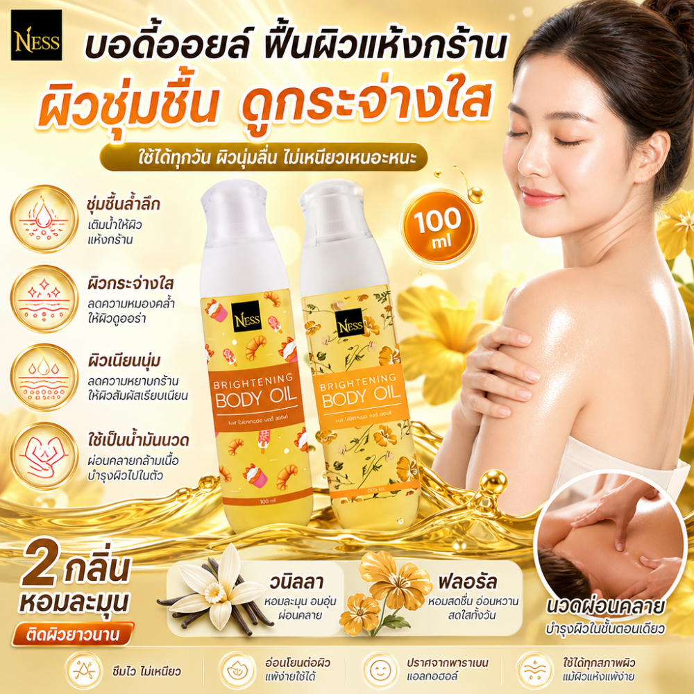 100ml ออยล์บำรุงผิว Ness กลิ่นวานิลลาครัวซอง ผิวขาวกระจ่างใส