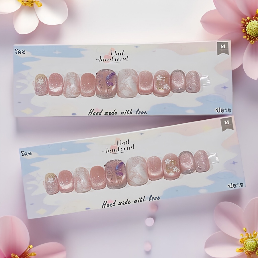 เล็บเจลแท้สีชมพูลูกแก้วผสมลายหินอ่อน  เงางาม สวยทน  แถมฟรีกาว+ตะไบ