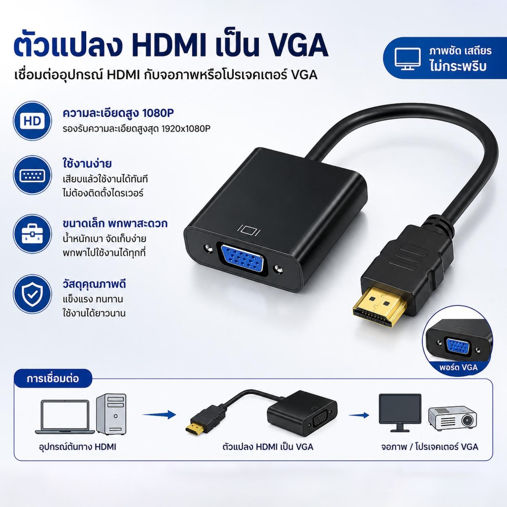 สายแปลง HDMI to VGA Cable 1080P HDMI VGA Converter Adapter ต่อทีวี จอคอม โปรเจคเตอร์ รองรับ Notebook PC DVD