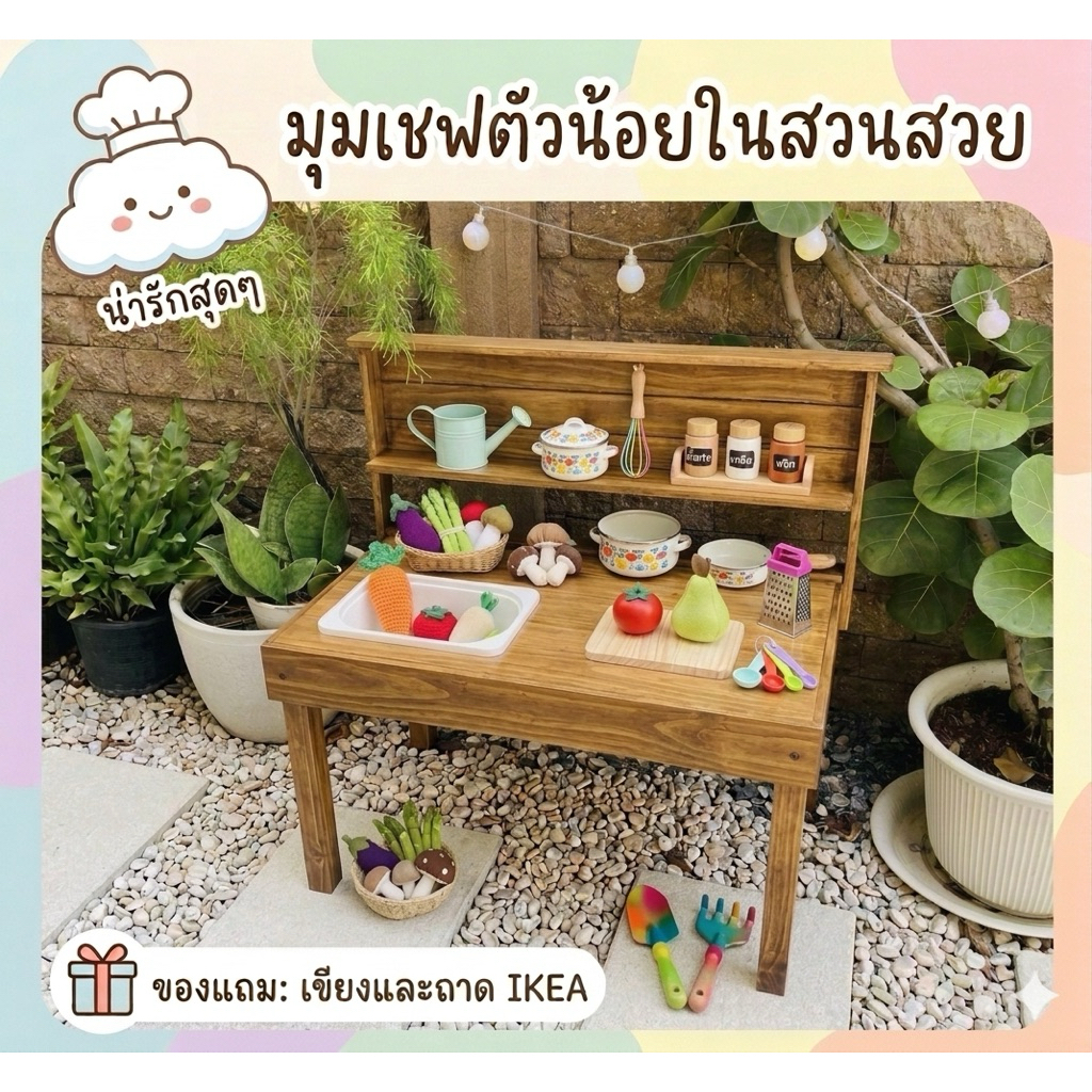 new ครัวไม้ Outdoor ครัวเด็ก(ครัวเปล่าไม่รวมของเล่น) ทำจากไม้สน ของเล่นทำอาหาร ขนาด กว้าง 48cm ยาว 87cm สูง 85cm