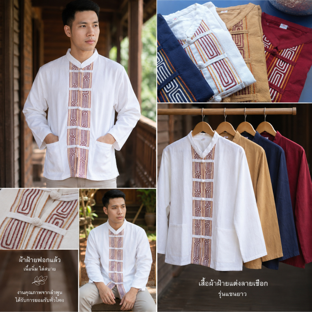 เสื้อผ้าฝ้ายผู้ชาย คอจีน แขนยาว แต่งลายเชือกถัก ผ้าฝ้ายฟอกนุ่ม ส่งจากลำพูน (ไซส์ S - 3XL)