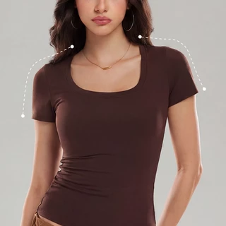 Cosleaf เสื้อยืดเต้นแอโรบิกคอU เอวคอด ทรงสวยเข้ารูปสลิมฟิตผ้านิ่มไม่บาดผิวบางเบาระบายได้ดีเหมาะใส่หน้าร้อนกับทุกกิจกรรม