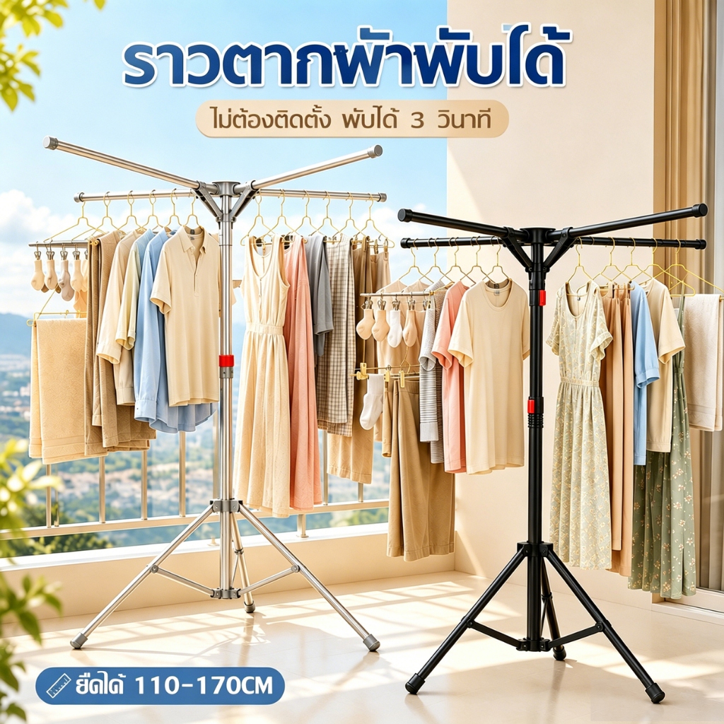 【เปิดฝาใช้ทันที】ราวตากผ้าพับได้ ราวตากผ้า ปรับความสูงได้ โครงสร้างแข็งแรง กันน้ำกันสนิม เหมาะบ้านและหอพักพื้นที่น้อย