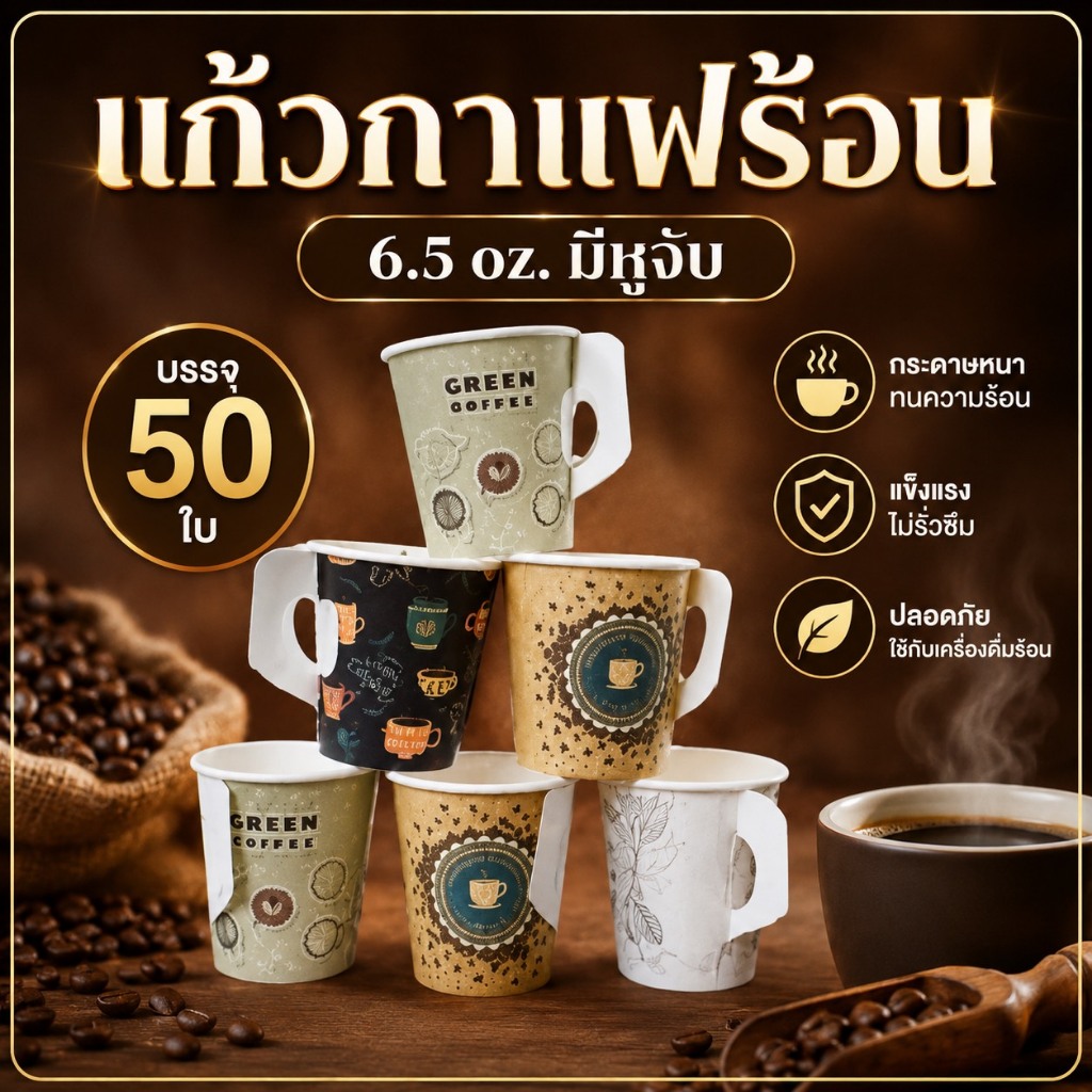 แก้วกระดาษใส่กาแฟร้อน แก้วกาแฟร้อน 6.5 oz. / 8 oz. มีหูจับ สีขาว  บรรจุ 50 ใบ