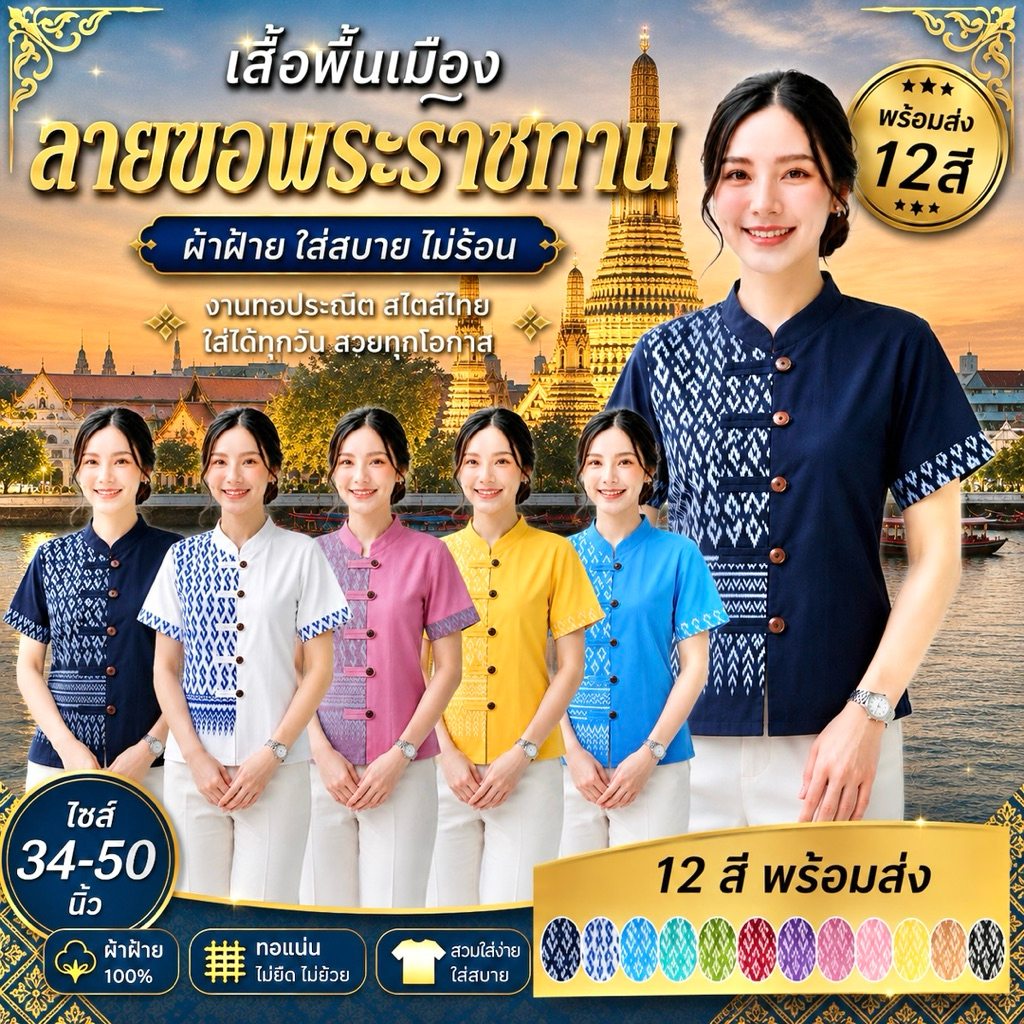 เสื้อคอจีน5ดุม ลายขอพระราชทานแต่งครึ่ง