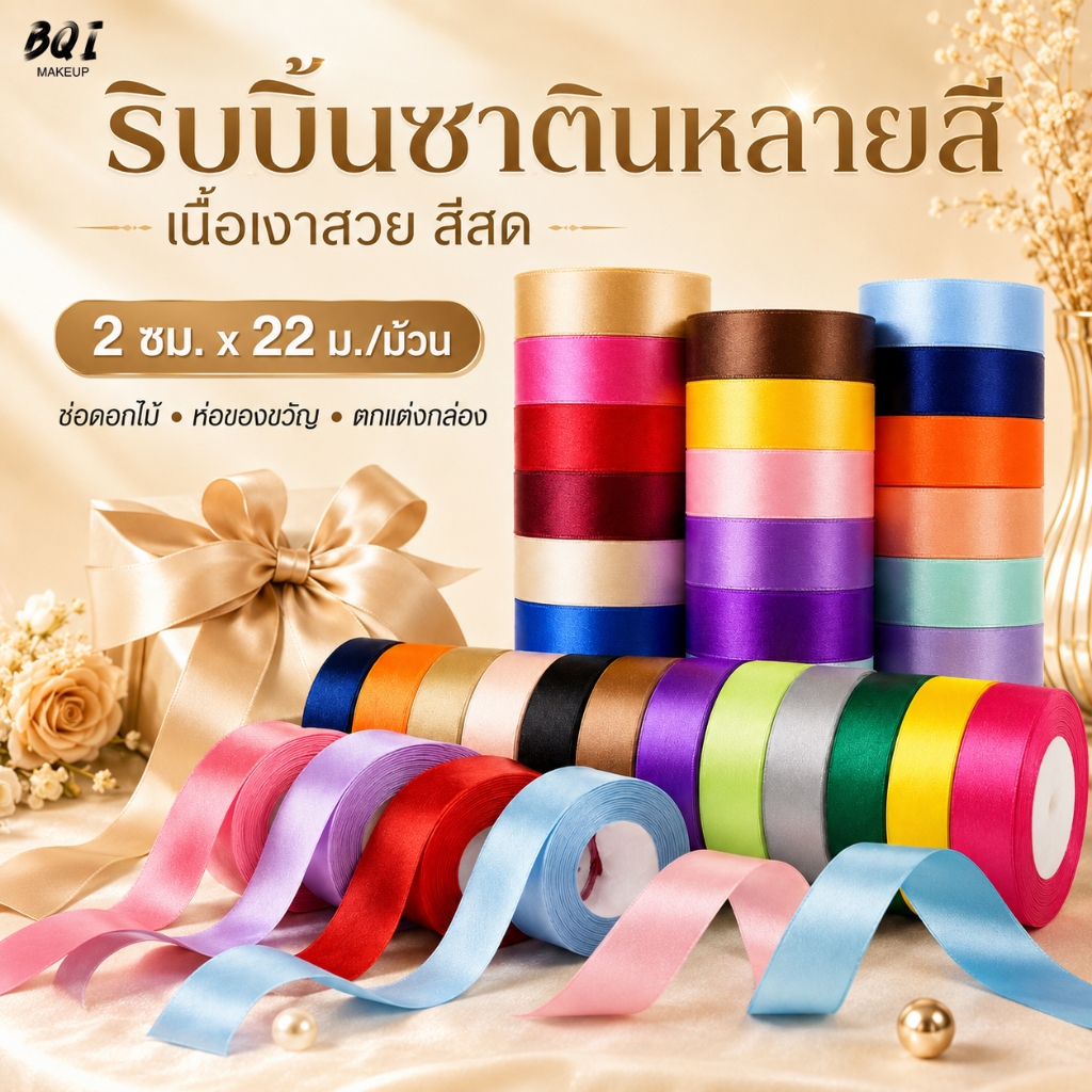 ริบบิ้นผ้าซาติน สีสวยเงางาม ริบบิ้นทำโบว์ ตกแต่งกล่องของขวัญ งานดอกไม้ งานประดิษฐ์