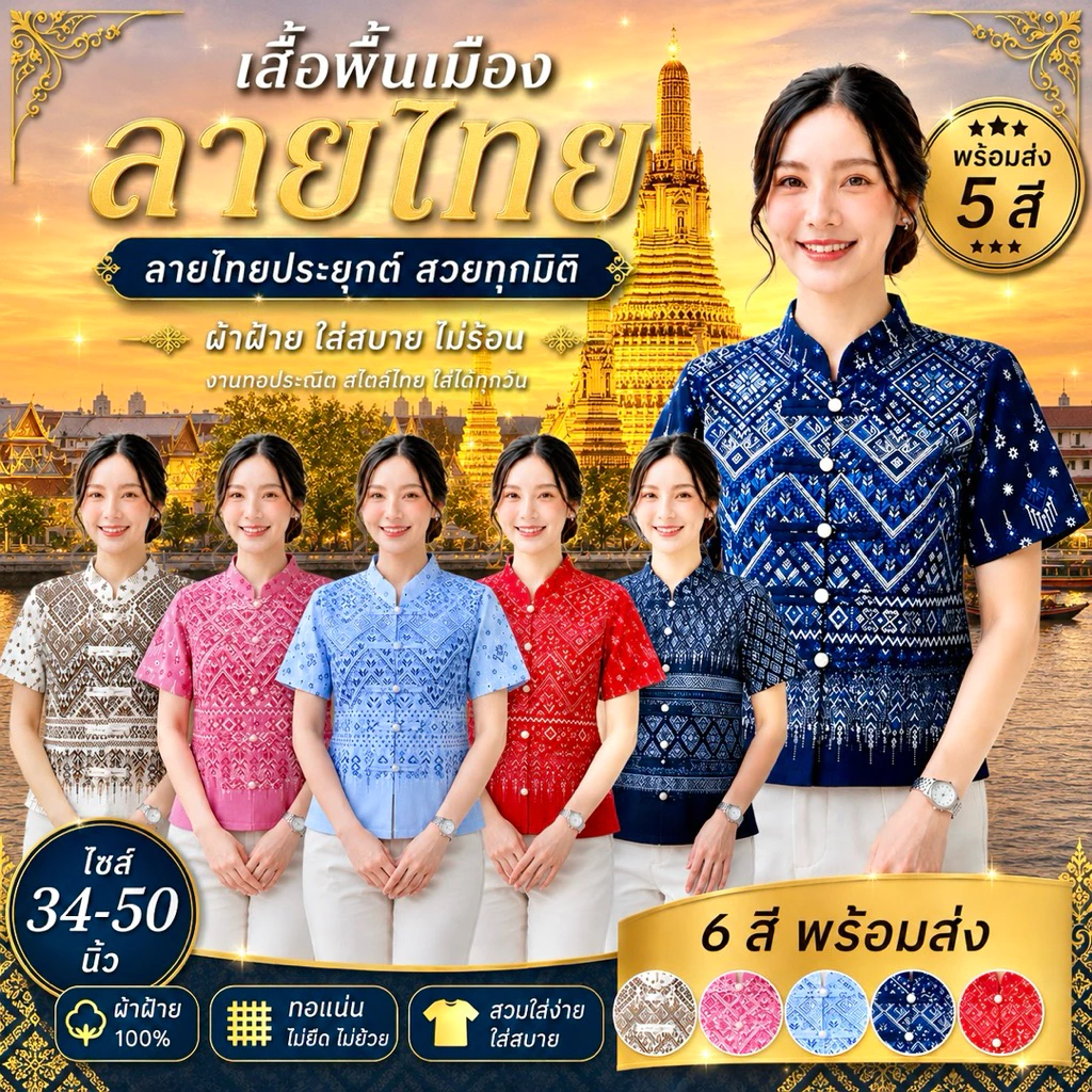 เสื้อคอจีน 5กระดุมมุก ลายไทยประยุกต์ (5สี)
