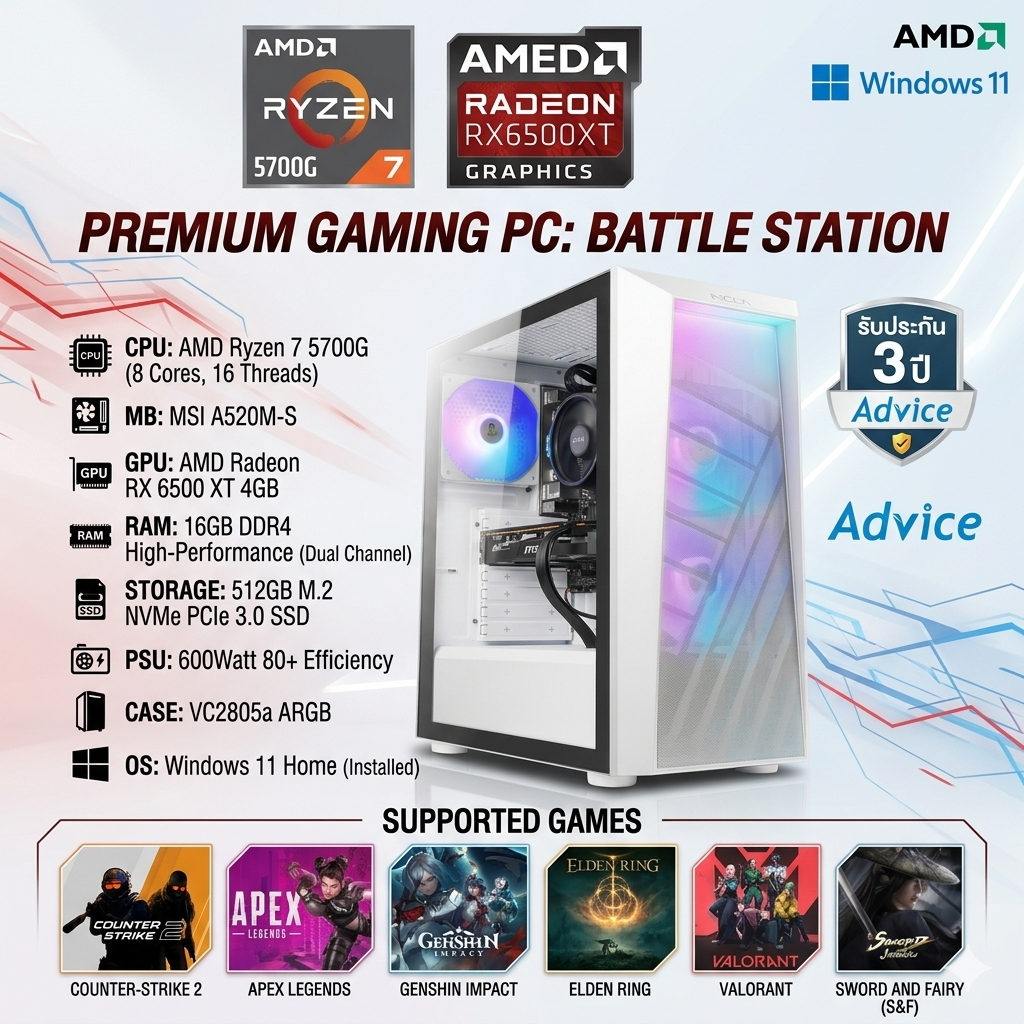 คอมเล่นเกมส์ ออกแบบ ขายออนไลน์ จบครบในเครื่องเดียว AMD Ryzen7 5700G -16GB/DDR4 -RX6500XT -M.2 512GB 