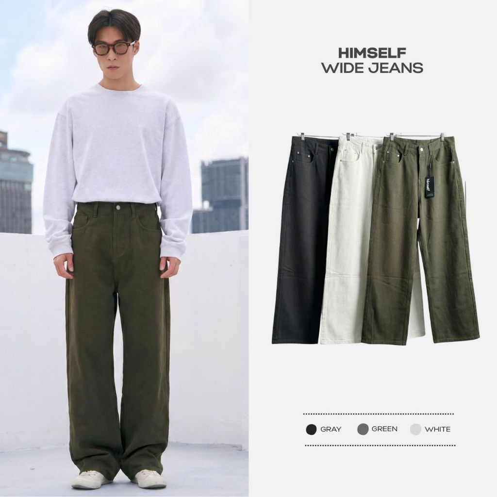 HIMSELF Wide Jeans กางเกงยีนส์ทรงกระบอกใหญ่ Baggy มี 3 สี (ขาว / เขียว / เทา)