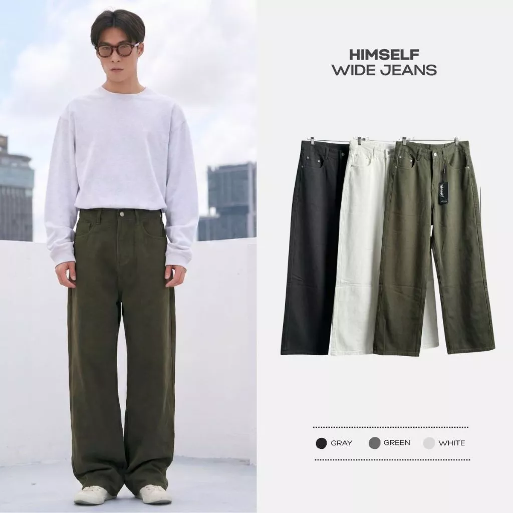 HIMSELF Wide Jeans กางเกงยีนส์ทรงกระบอกใหญ่ Baggy มี 3 สี (ขาว / เขียว / เทา)