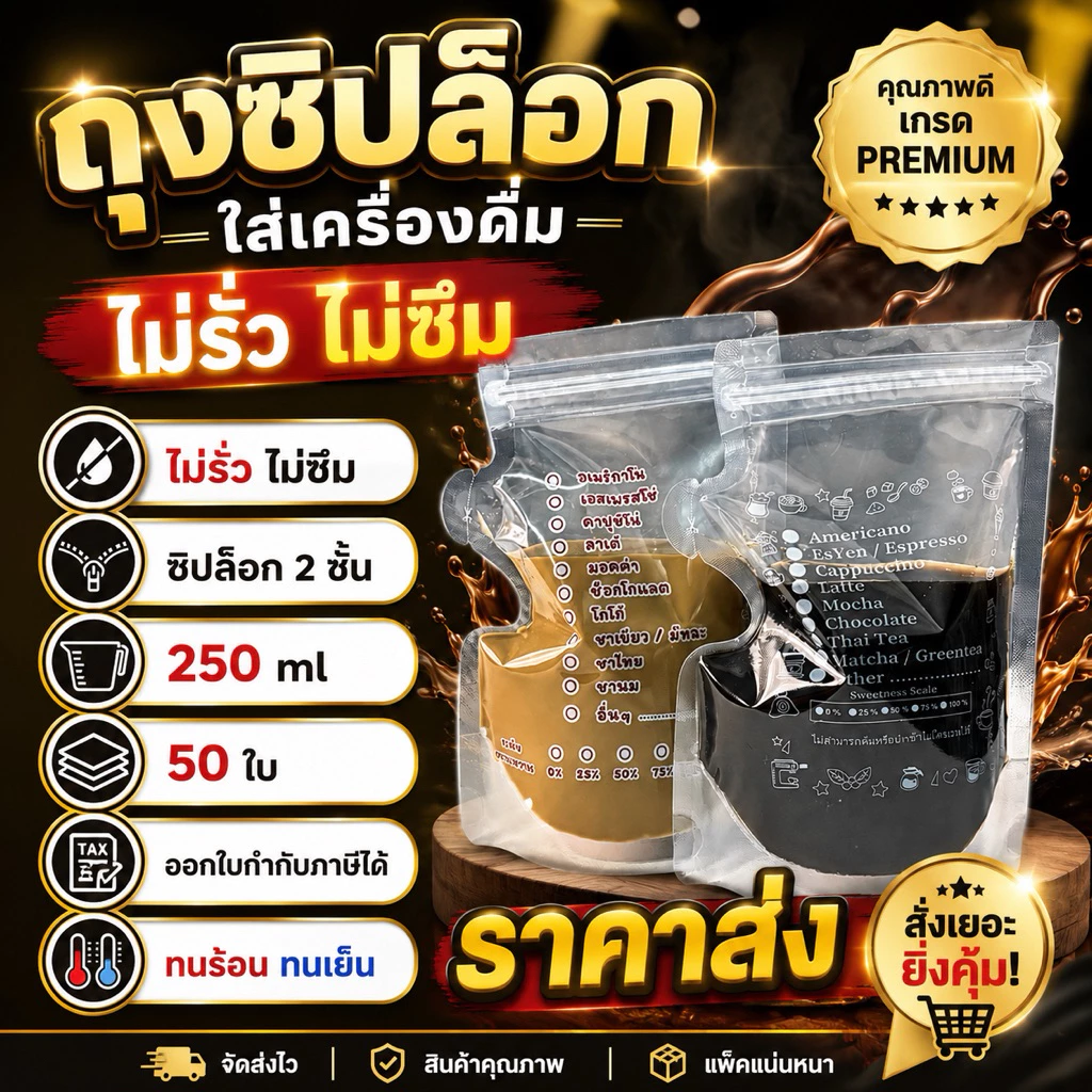 ถุงแยกน้ำ ถุงใส่น้ำ ถุงซิปคู่ ใส่กาแฟ แยกน้ำ (50ใบ)