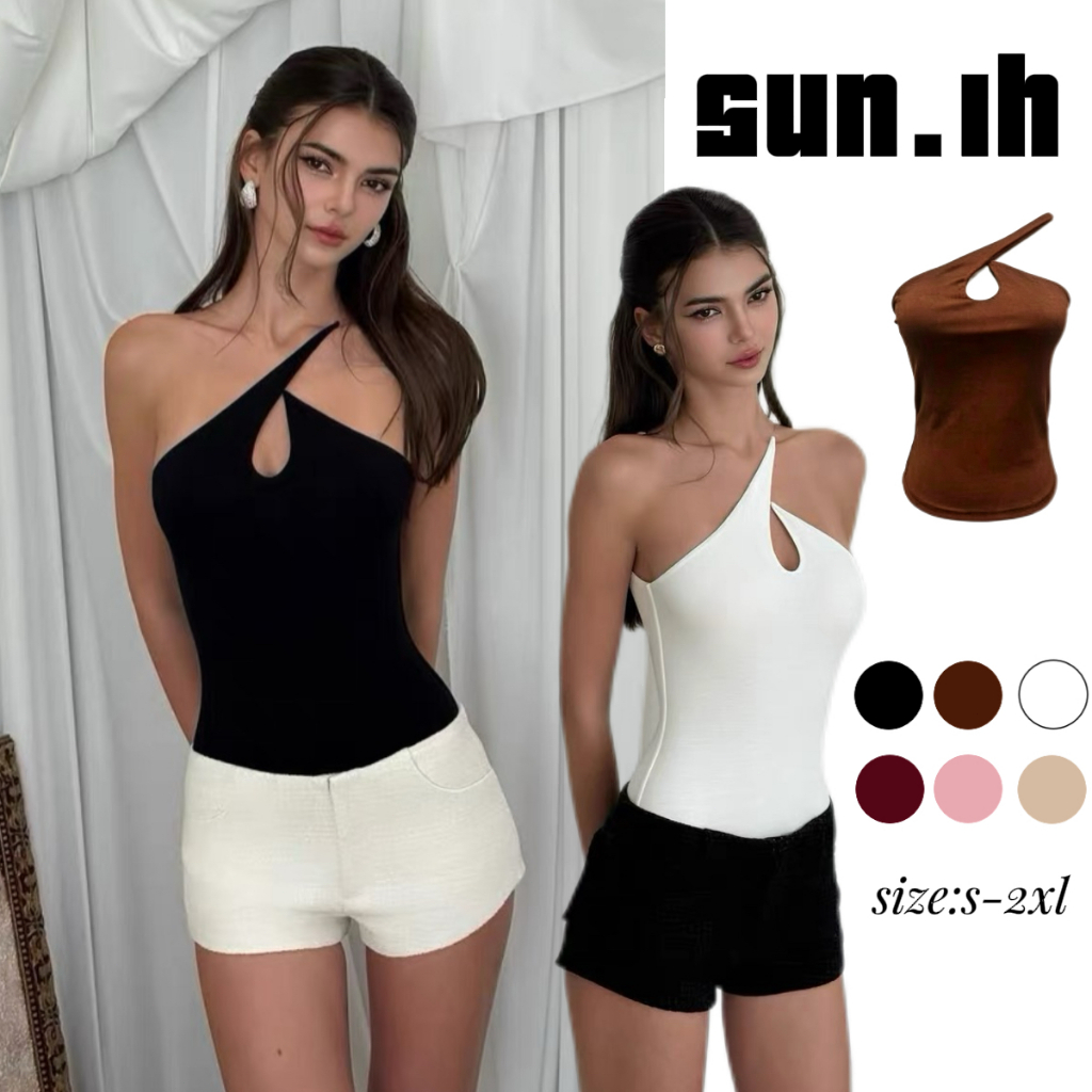 SUN🛍️พร้อมส่ง🛍️เสื้อสายเดี่ยวทรงเข้ารูป ดีไซน์เซ็กซี่ ซ่อนสายคล้องคอและเว้าไหล่(ไม่มีลูกไม้)