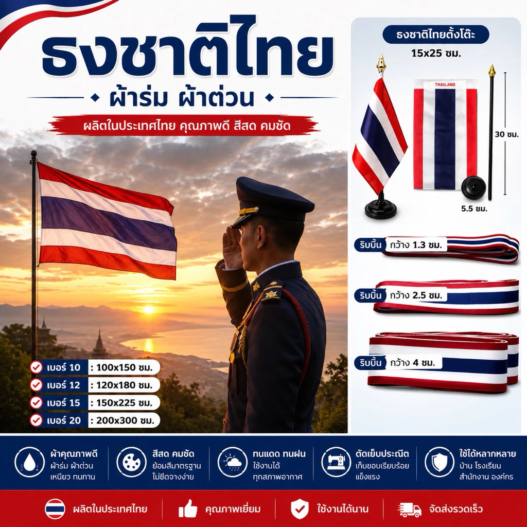 ธงชาติไทย ธง ผืนใหญ่ เบอร์10-20 ผ้าร่ม ผ้าต่วน (100x150, 120x180, 150x225, 200x300 ซม.) เย็บขอบแน่น สีคมชัด