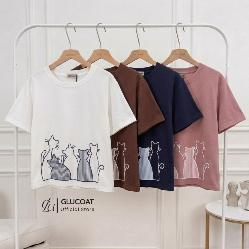 Glucoat | [A738] เสื้อยืดแขนสั้นสีน้ำตาล/สีขาว/สีชมพู/สีกรม แต่งลายน้องแมว