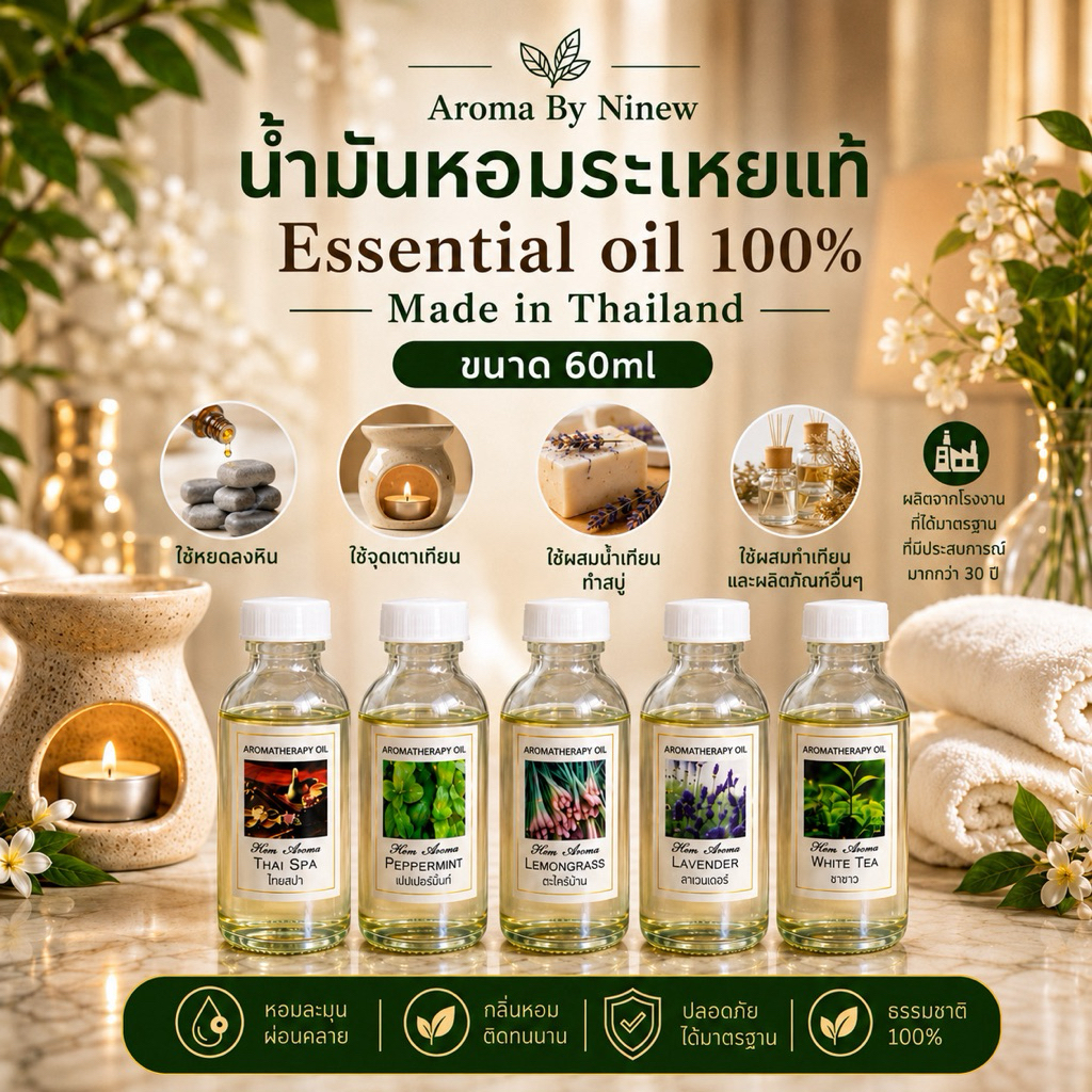 🍃หอมธรรมชาติ💕น้ำมันหอมระเหยสำหรับใส่เตาเทียน/ไฟฟ้า ใช้ทำเทียนหอม AromaTherapy oil เพียว100% ขนาด60 ml