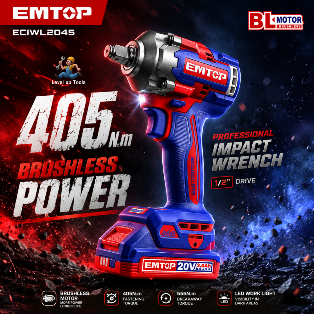 EMTOP บล็อกกระแทกไร้สาย รุ่น ECIWL2045 บล็อกแบต405NM (แถมแบตเตอรี่ 2.0Ah 2 ก้อนพร้อมแท่นชาร์จ ) เครื่องมือสำหรับงานช่างแ