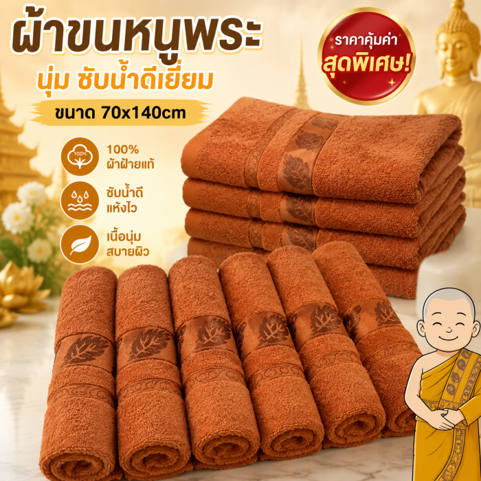 Lunora ผ้าขนหนูถวายพระ 70x140cm 100% Cotton ใบโพธิ์ ผ้าเช็ดตัวพระสงฆ์ หนานุ่ม ซับน้ำดีเยี่ยม ของทำบุญ สังฆทาน