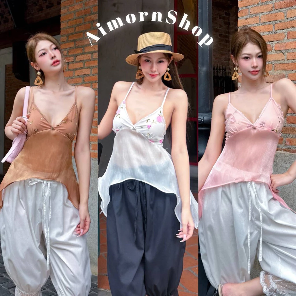 🔥aimorn_shop🔥เสื้อสายเดี่ยวหางปลา ปักดอกไม้เพิ่มความหวาน มีซับเป็นผ้าสองชั้น ผ้าบางพริ้วใส่แล้วเซ็กซี่