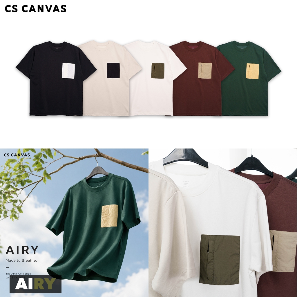 CS CANVAS AIRY - เสื้อยืดผู้ชายทรง Oversized มีกระเป๋าซิปรุ่น AIRY  นวัตกรรมผ้าสองหน้า ซับเหงื่อระบายอากาศดีใส่สะบาย