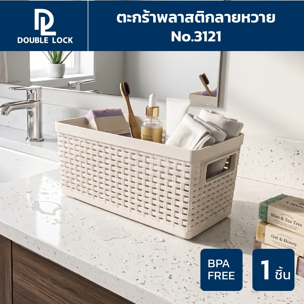 Double Lock ตะกร้าพลาสติก ลายหวายเก็บของอเนกประสงค์ รุ่น 3121(1)