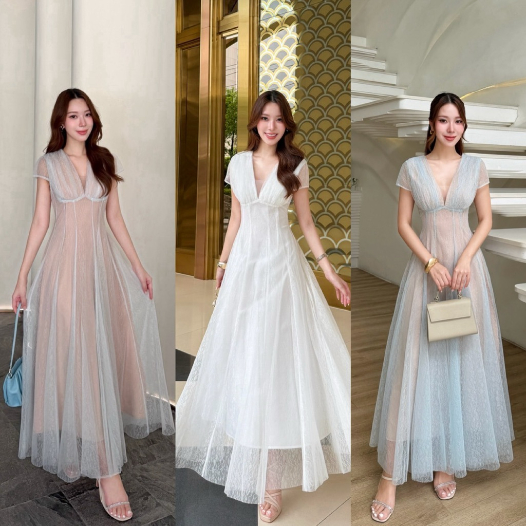 เดรสลูกไม้คอวีลึก ช่วงเอวเข้ารูปตัวกระโปรงทรงยาวพริ้ว ซับในทั้งตัว ซิปหลัง ให้ลุคคุณหนูเรียบหรู #abi