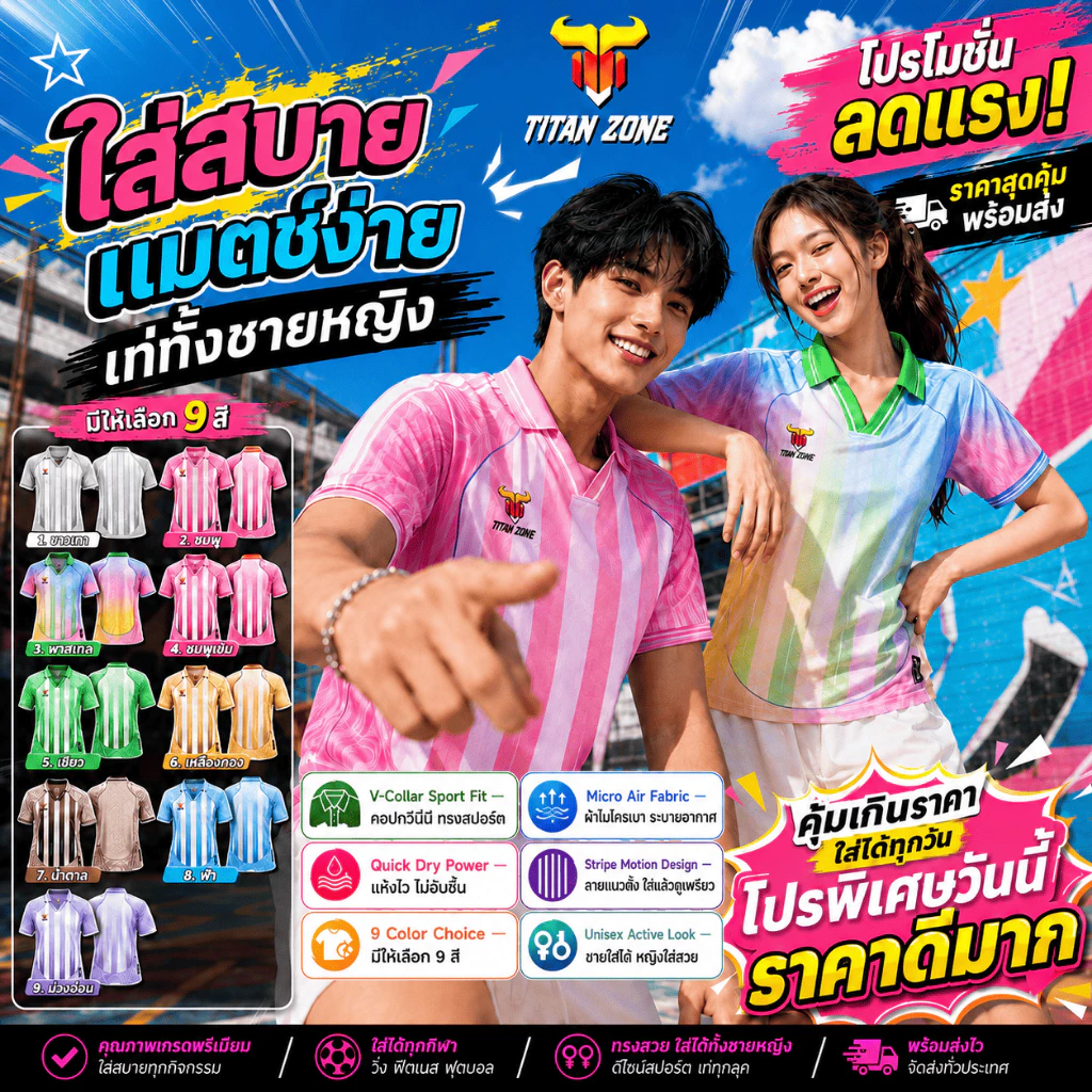 TITAN ZONE เสื้อกีฬาแขนสั้น รุ่น คอปกวีตัด ผ้าไมโคร