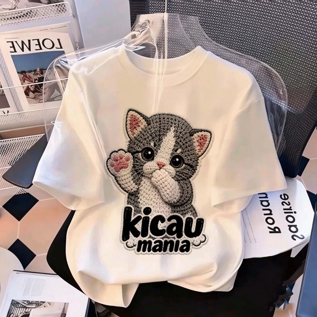 เสื้อยืดแขนสั้นสีขาวนวล แมวสามสีน่ารัก Kicau Mania สไตล์เกาหลี ฤดูร้อน Oversize เสื้อยืดผู้หญิง​ 6.2