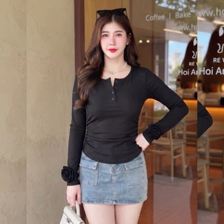 เสื้อแฟชั่น ผ้าร่องพรีเมี่ยม แขนยาวแต่งกุหลาบ กระดุมหน้า แฟชั่นน่ารักๆ ใส่เที่ยว ใส่แมท LG329