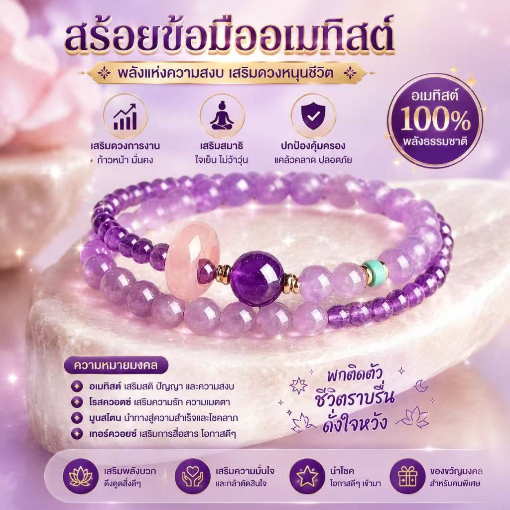 💜 สร้อยข้อมืออเมทิสต์สีม่วงแบบ 2 ชั้น เสริมพลังบวก เสริมสมาธิ ดึงดูดโอกาสใหม่ๆ เครื่องประดับมงคลสำหรับสายมู