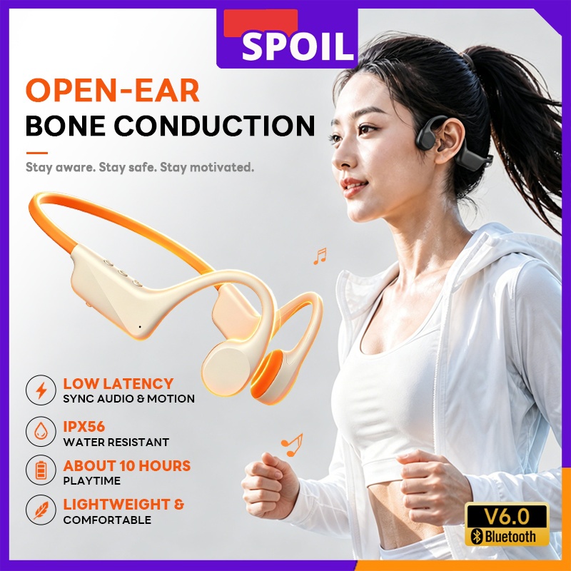 Spoil หูฟังบลูทูธไร้สาย Bone Conduction หูฟังออกกำลังกาย สปอร์ต Bluetooth 6.0 กันน้ำ IPX56 เสียง Hi-Res