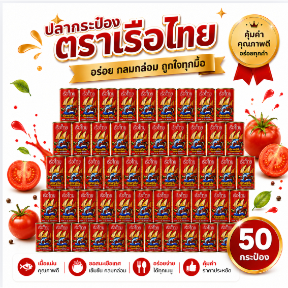 50 กระป๋อง - ตราเรือไทย สูตรปลาซาร์ดีนในซอสมะเขือเทศ