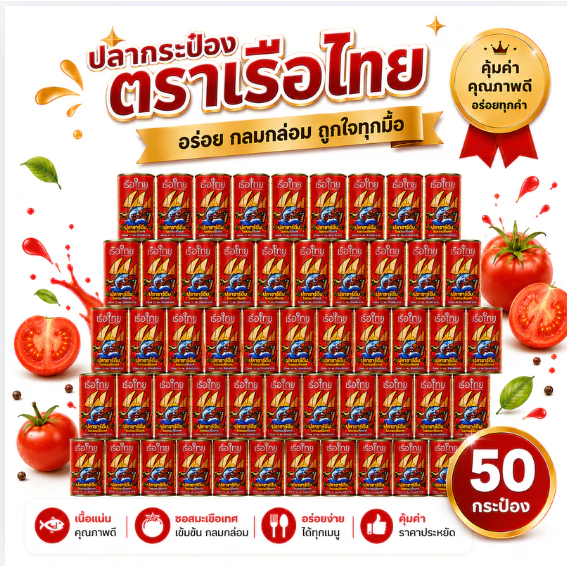 50 กระป๋อง - ตราเรือไทย สูตรปลาซาร์ดีนในซอสมะเขือเทศ