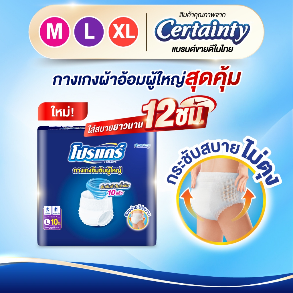 ใหม่!! โปรแคร์ Procuire ผ้าอ้อมผู้ใหญ่แบบกางเกง ไซส์ XL  (1แพ็ก 10ชิ้น )x 4แพ็ก Procare