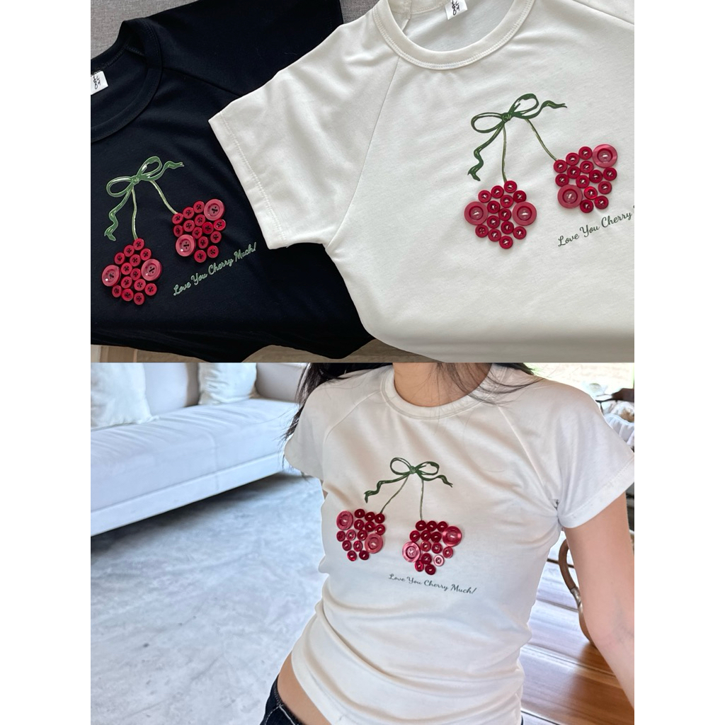 เสื้อยืดลายเชอร์รี่ กระดุมจริง เสื้อยืดเบบี้ที ทรงสวยหุ่นเพรียว Cherry Baby Tee S/M | 150cm.studio เสื้อยืดผู้หญิง