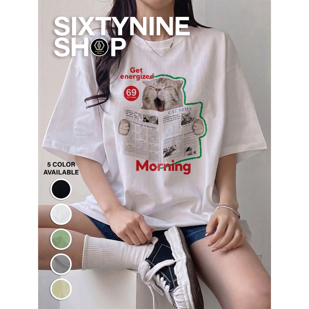 เสื้อยืดผ้าคอตตอน M-4XL พิมพ์ลาย " แมวอ่านหนังสือ " พร้อมส่ง